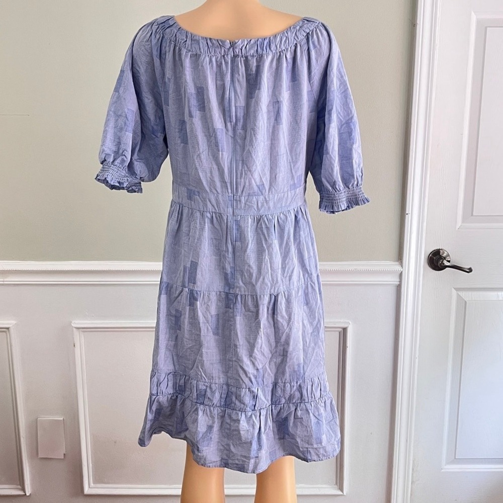 DKNY Tiered Midi Dress Womens 14 Cotton Puff Sleeve‎ Blue Geometric Cottagecore - Picture 2 of 11